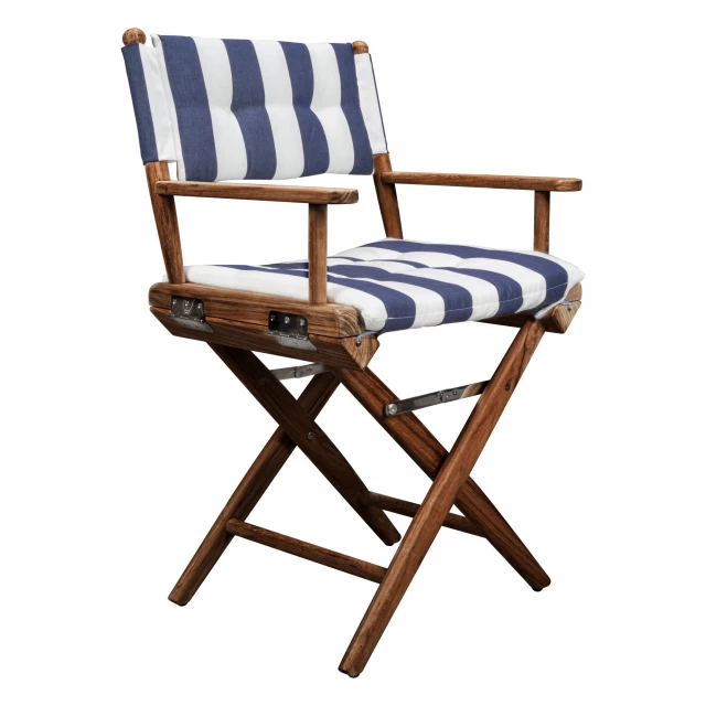 Wooden director's chair with blue and white cushion