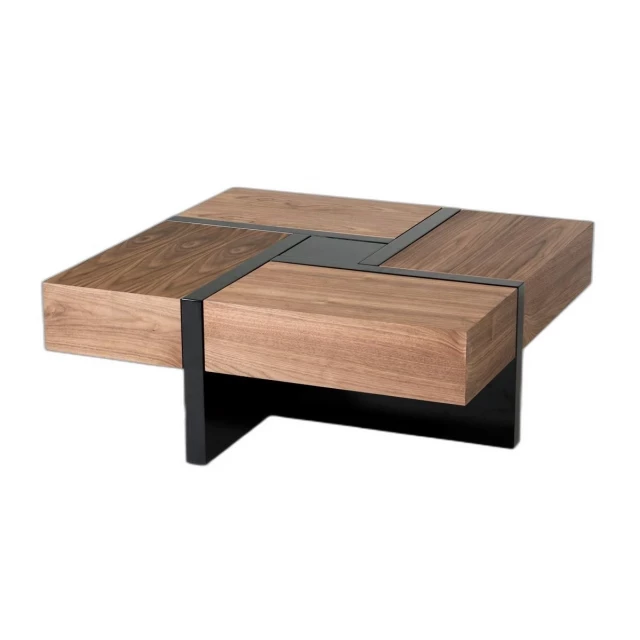 Black square coffee table with four drawers and wood varnish finish
