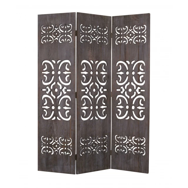 Brown panel wood screen with symmetrical pattern and artful metal accents