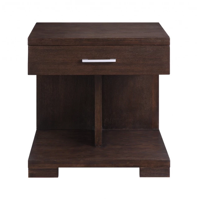 Wood square end table with drawer and shelf on varnished plank flooring