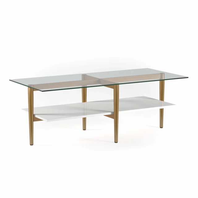 Gold glass steel coffee table with shelf and wood details