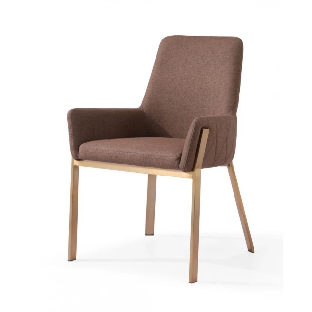 Brown brass dining chair with wood armrest and natural material