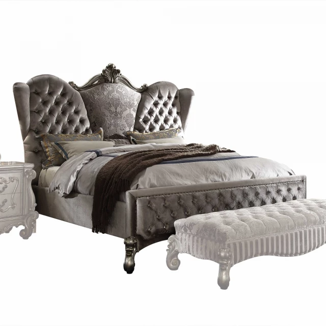 Elegant black velvet upholstered bed with nailhead trim