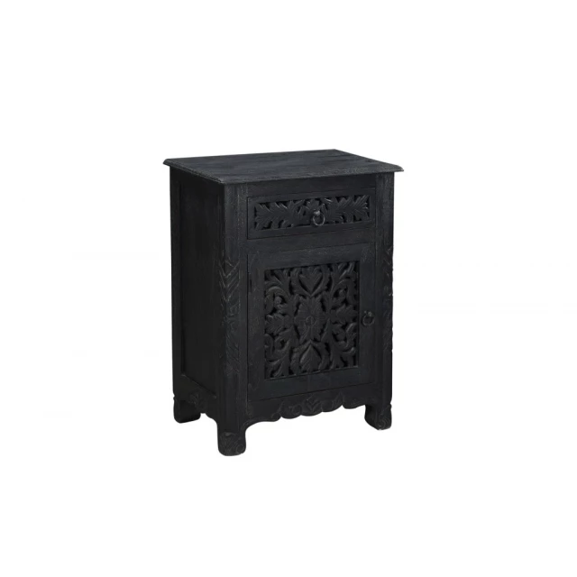 Solid wood nightstand with floral carving and metal accents home accessory