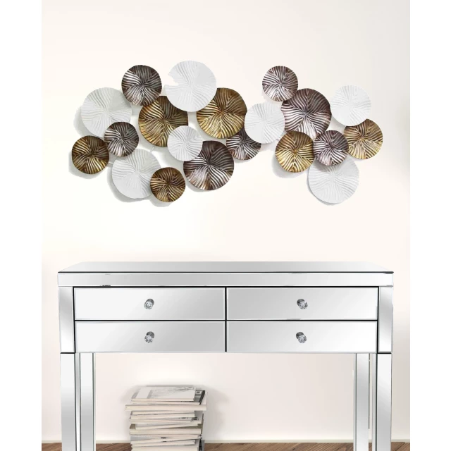 tri modern circles metal wall decor on white dresser with drawers