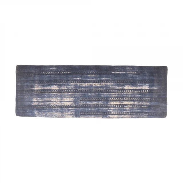 Abstract design blue leg upholstered bench with wood accents and electric blue denim texture
