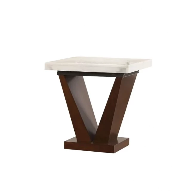 Brown white marble square end table with wood texture and outdoor furniture style