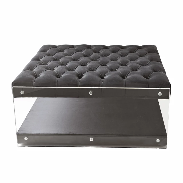 Gray velvet storage ottoman with wood and metal accents