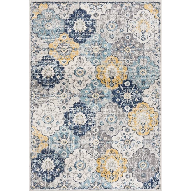 blue floral dhurrie runner rug with rectangle pattern and electric blue motif