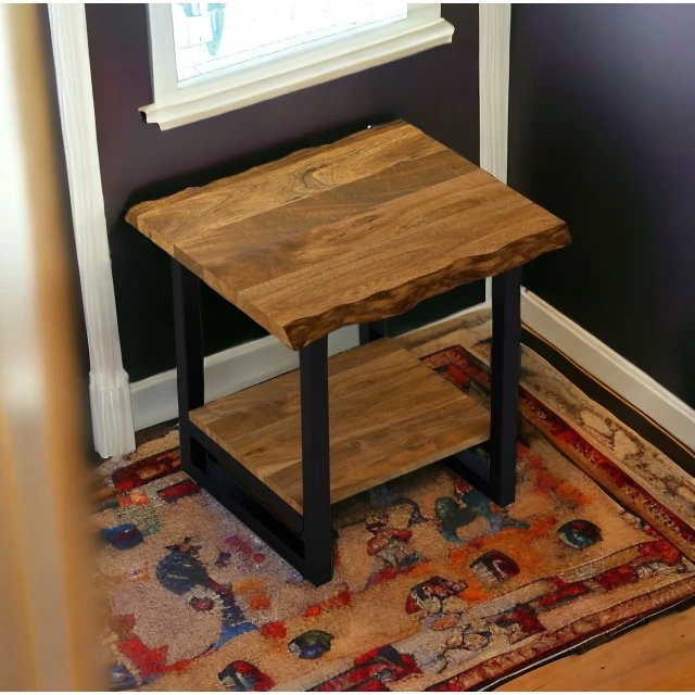 live edge acacia wood end table with hardwood flooring and window light
