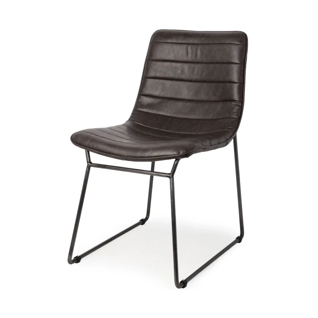 Black upholstered faux leather side chairs with armrests and wood composite material