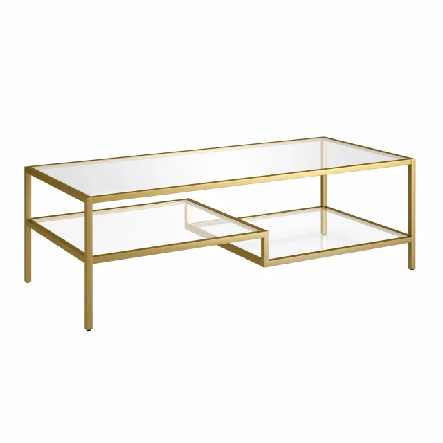 Gold glass steel coffee table with wood stain shelves and symmetrical design