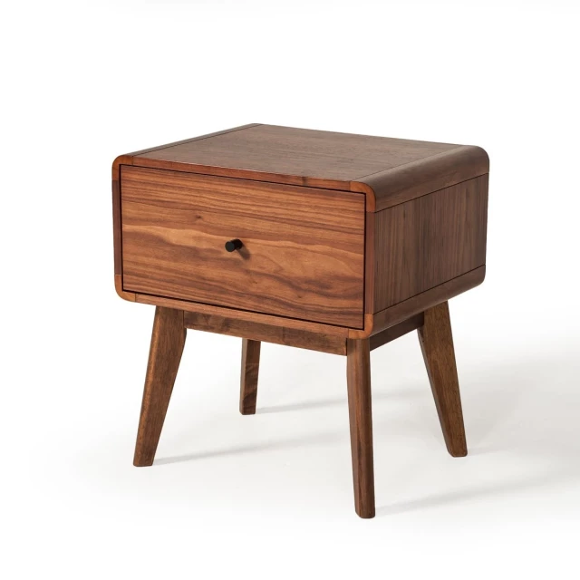 Mid century walnut nightstand with single drawer and wood varnish finish