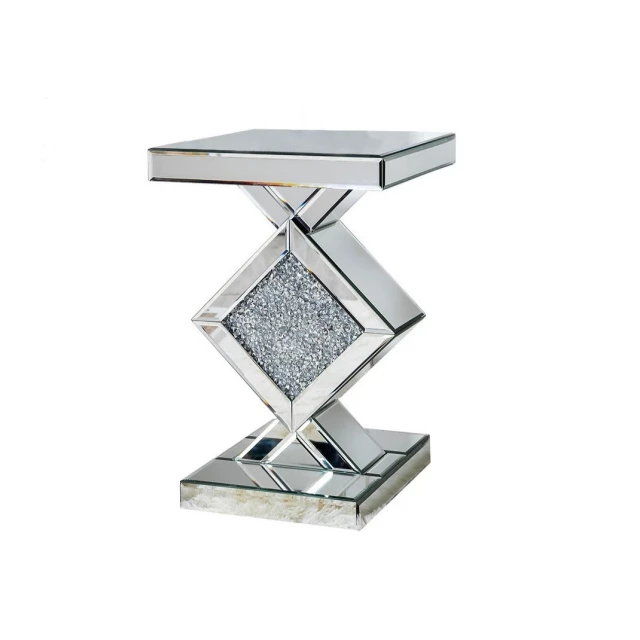 diamond silver mirrored side table with metal accents and electric blue details