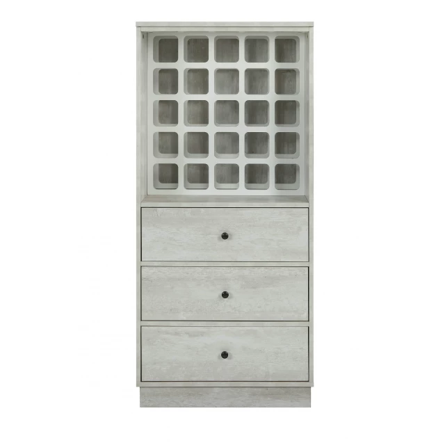 Off white bar cabinet with drawers featuring symmetrical patterns and natural material accents