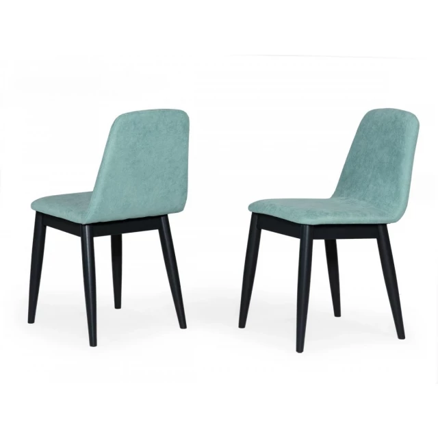 Mint fabric dining chairs with wooden armrests and natural composite materials