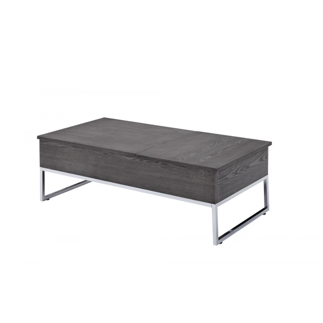 Gray oak rectangular lift coffee table with composite metal hardwood elements