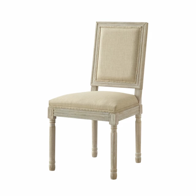 Brown upholstered linen dining side chairs with wood armrests and comfortable hardwood design