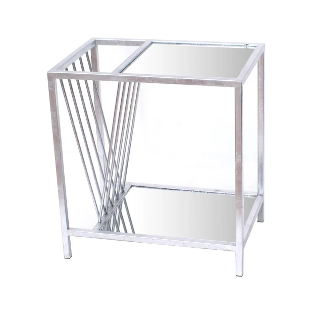 Silver metal end table shelf with glass shelving for modern home decor