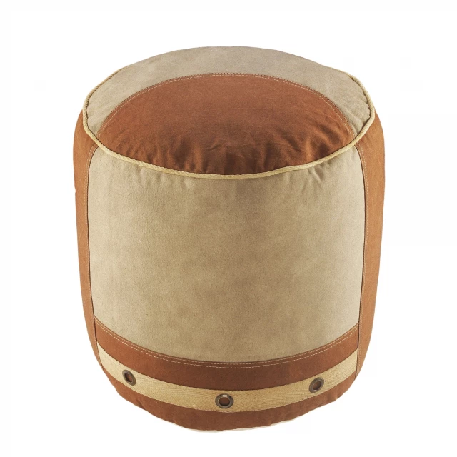 Tan cotton ottoman in natural beige with metal belt buckle details