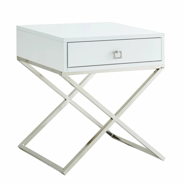 Silver white end table with drawer and metal accents