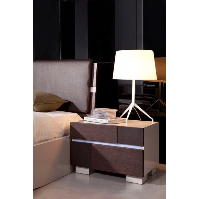 Brown oak nightstand with lamp and wood flooring in interior design