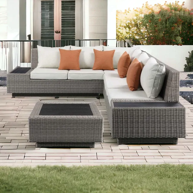 Beige Modular L Shaped Three Piece Corner Sectional With Console Beige Modular L Shaped Three Piece Corner Sectional With Console