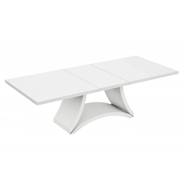 White solid manufactured wood dining table with metal and plywood details