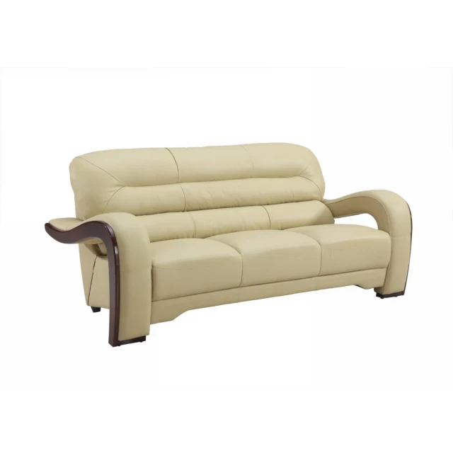 Beige silver leather sofa with comfortable rectangular cushions and wooden accents