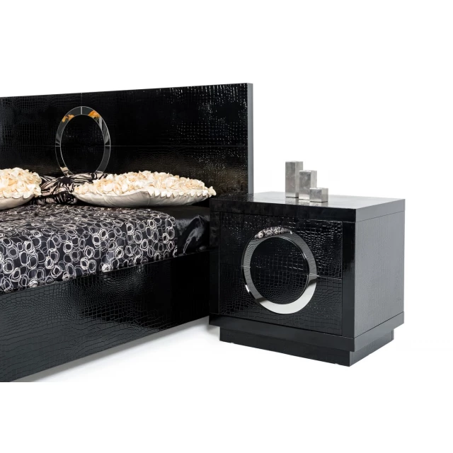 Black lacquer faux crocodile drawer nightstand in room setting with jewelry and fashion accessories