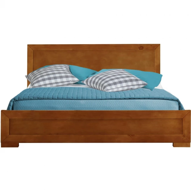 Oak wood twin platform bed in a minimalist bedroom setting