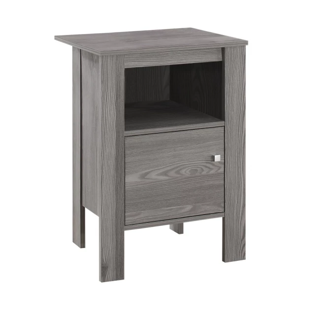 Gray end table shelf with wood stain and drawer