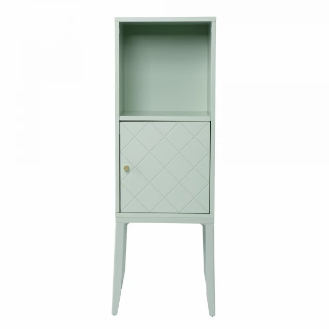Pale green crosshatch accent storage cabinet with wood pattern and metal details