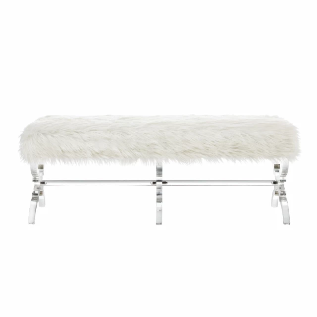 Cream clear upholstered faux fur bench with wooden legs and metal accents