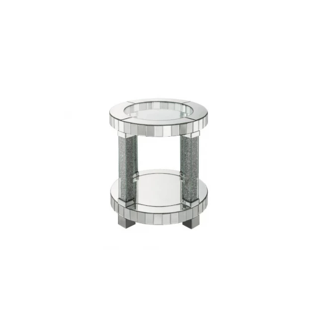 Round glass mirrored end table with metal shelf
