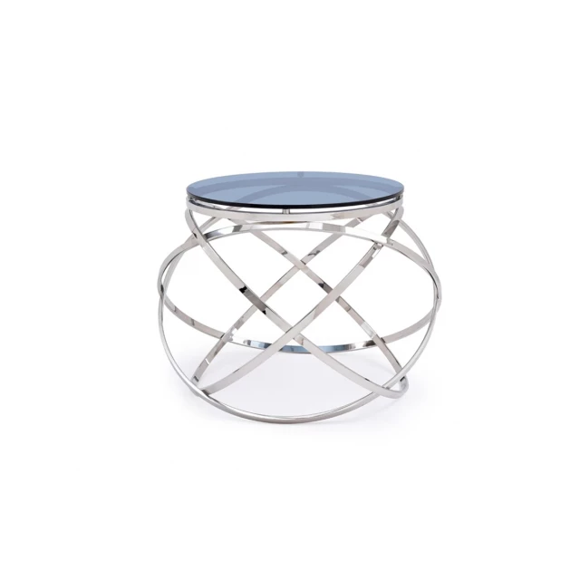Smoked glass stainless steel end table with natural materials and metal accents