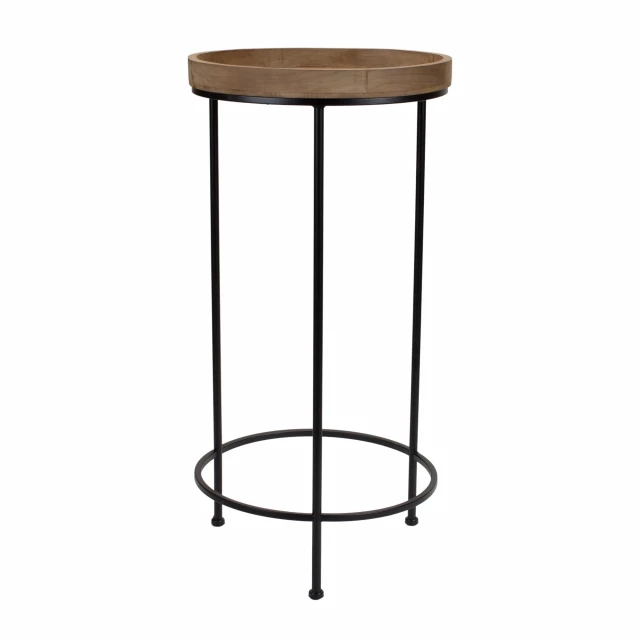 Brown solid wood round end table with glass and light fixture accents