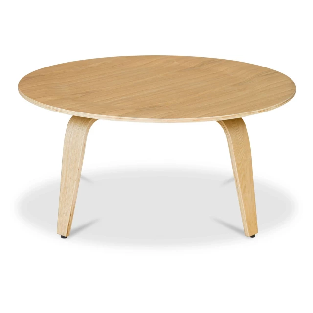 Natural round coffee table made of varnished wood with outdoor furniture style