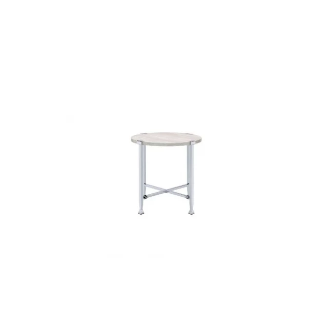 Round manufactured wood and metal end table with glass transparency and aluminium details