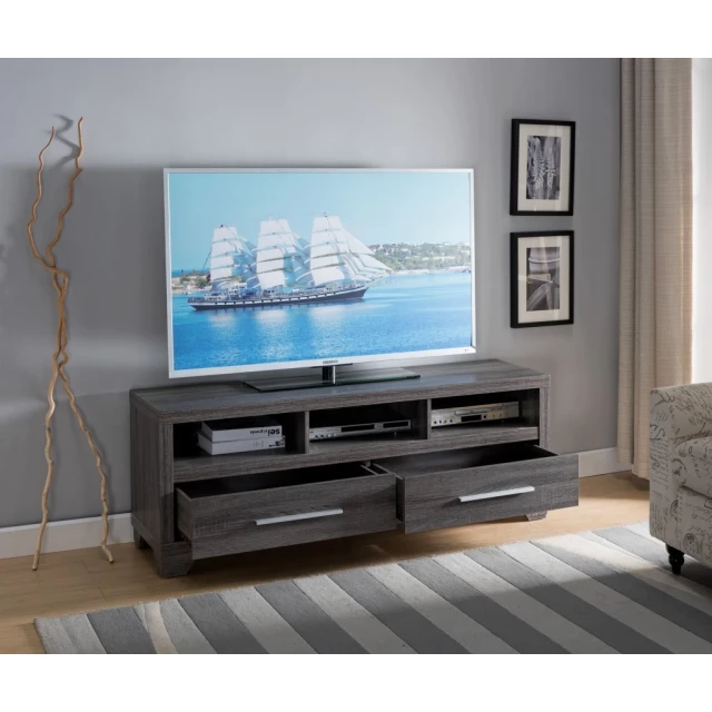 Stunning modern grey TV console cabinet with wood finish and shelving for interior design