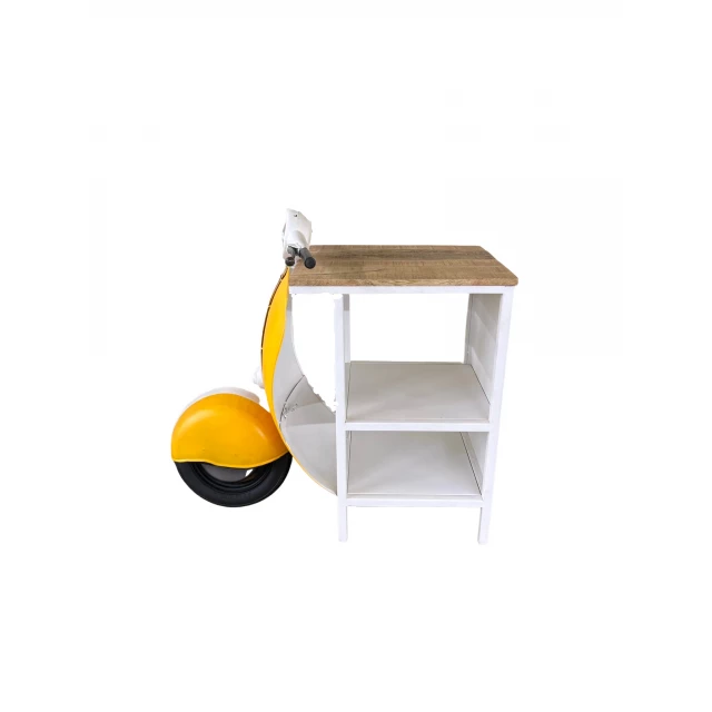 Mini scooter end or side table with wood shelving and fruit decor