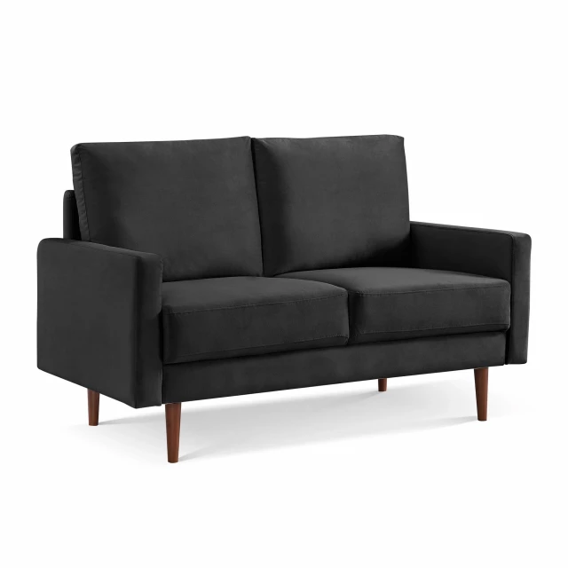 Black dark brown velvet loveseat with comfortable wood rectangle studio couch design suitable for outdoor furniture.