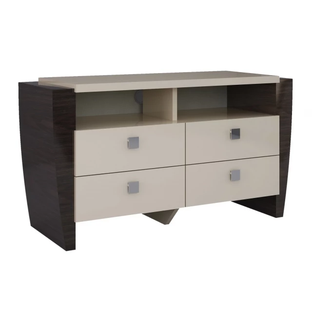 Beige high gloss TV entertainment unit with drawers and wood finish