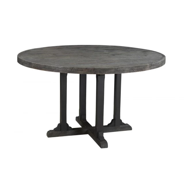 Black solid wood dining table with pedestal base and composite material