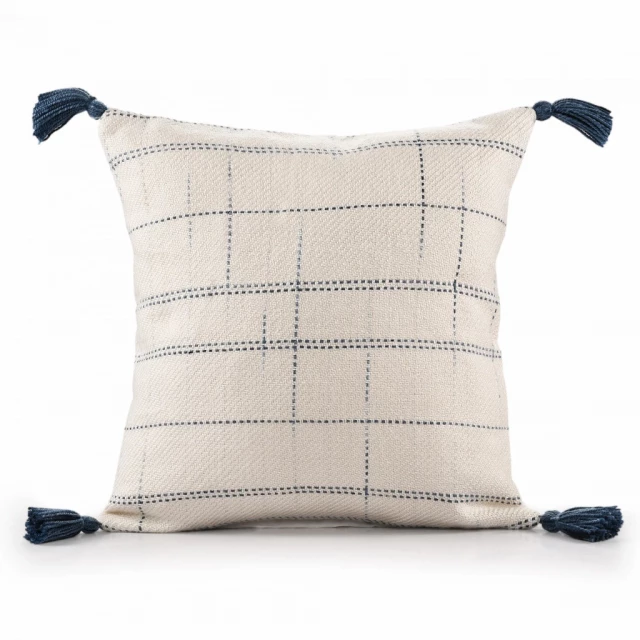 ivory blue polyester geometric zippered pillow with grey rectangle pattern on wood background