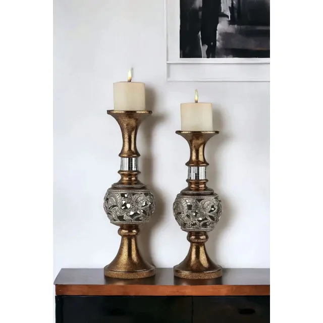 Set Of Two Brown and Gold Pillar Tabletop Pillar Candle Holders Set Of Two Brown and Gold Pillar Tabletop Pillar Candle Holders