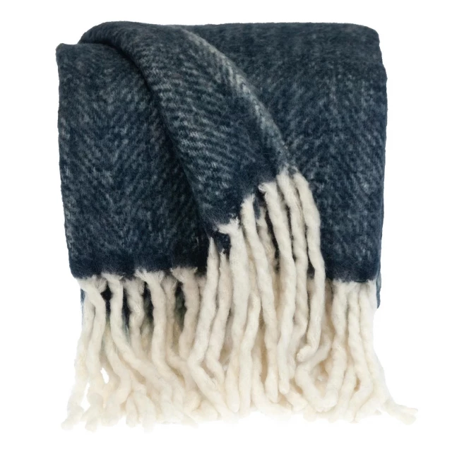 Blue knitted acrylic abstract reversable throw displayed as a woolen scarf in electric blue color