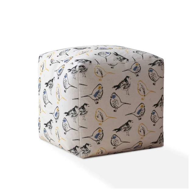 Yellow and white canvas pouf ottoman with bird pattern design