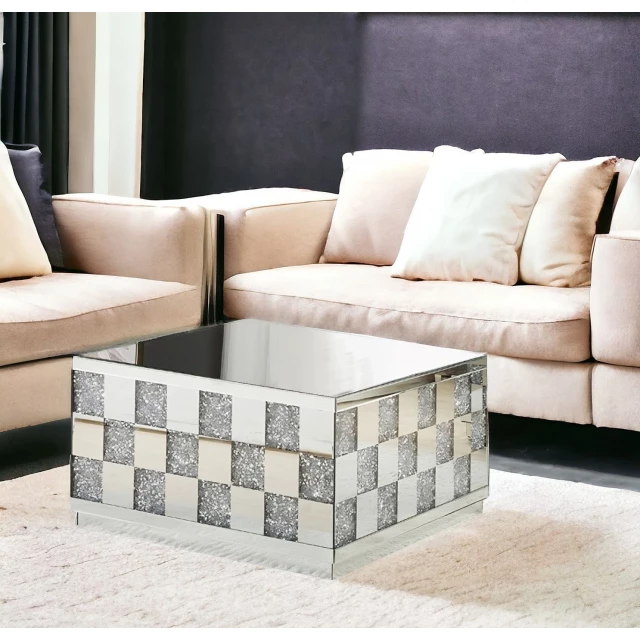 Silver glass square mirrored coffee table with hardwood and beige interior design elements