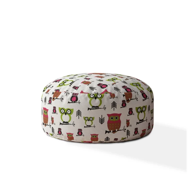 White cotton round pouf cover with owl design and artistic elements